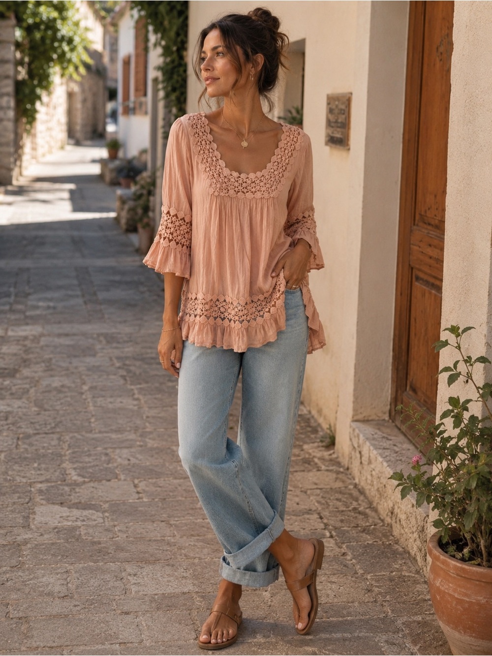 Cute Options Boho Cotton Tunic Blush Crochet Lace Ruffle Sleeve Top M